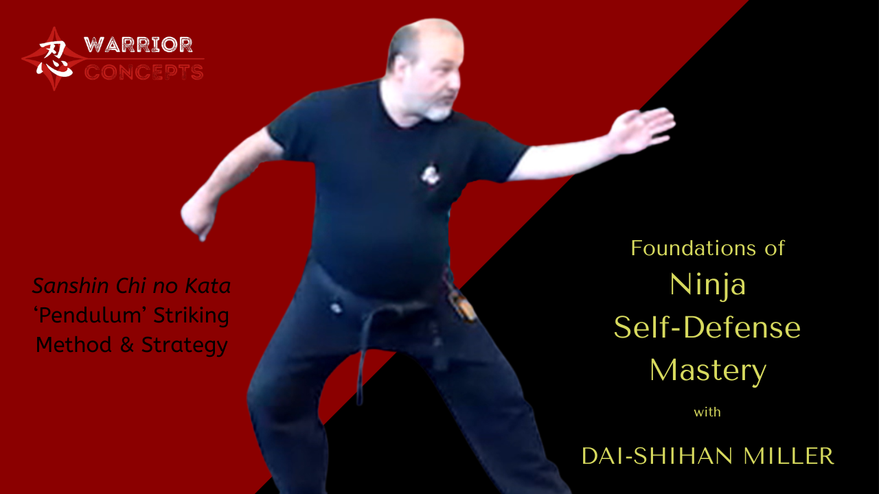 Pendulum strike from Chi no Kata Sanshin demonstrating a deceptive arc-based movement in Ninjutsu to create mental confusion and disrupt the attacker’s balance in real-world self-defense.