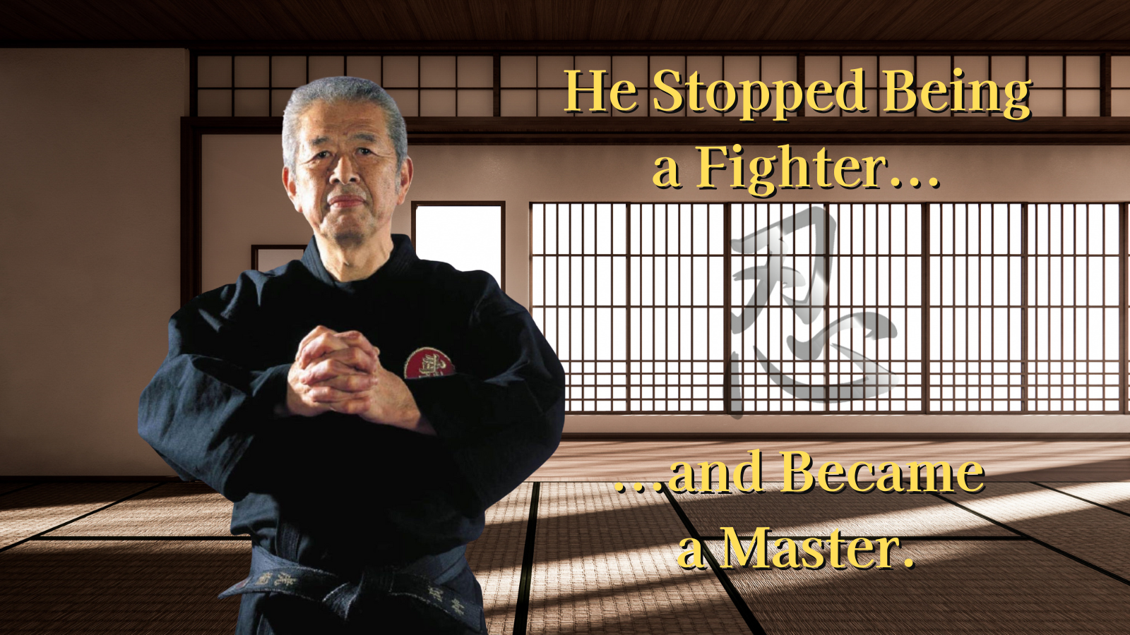 Hatsumi Sensei performing kuji-in hand seals in a Japanese dojo, representing the spiritual evolution of Ninpo and the transformation from martial power to true mastery.