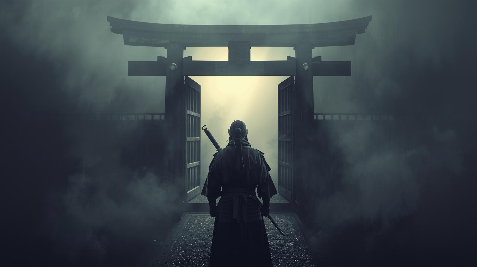 Dark corridor fading into shadow symbolizing Oku and inner martial training in ninjutsu