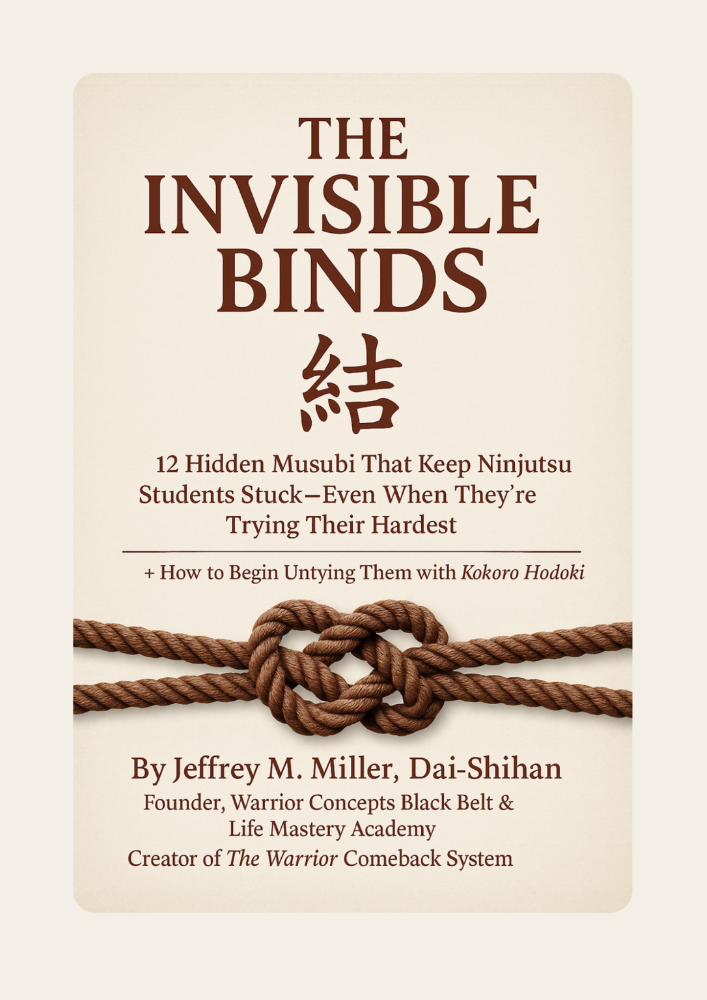 Cover image of The Invisible Binds by Jeffrey M. Miller, featuring Japanese kanji and knotted rope imagery to represent musubi—hidden psychological and emotional bindings that keep martial arts and Ninjutsu students stuck—and Kokoro Hodoki, the heart and mind escape method.